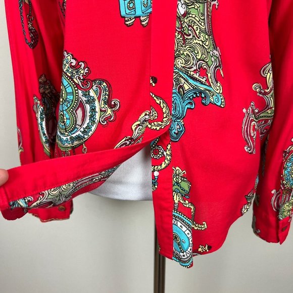 Maeve Anthropologie Shirt Women 4 Red Clock Long Sleeve Whimsy‎ Button Down Top - Picture 7 of 12